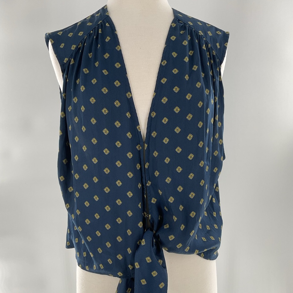 Free People Top Women's Large Blue Sleeveless V-Neck Chiffon Tie Waist Boho